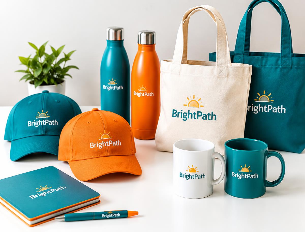 Kit de merchandising corporativo con gorras, botellas y bolsas