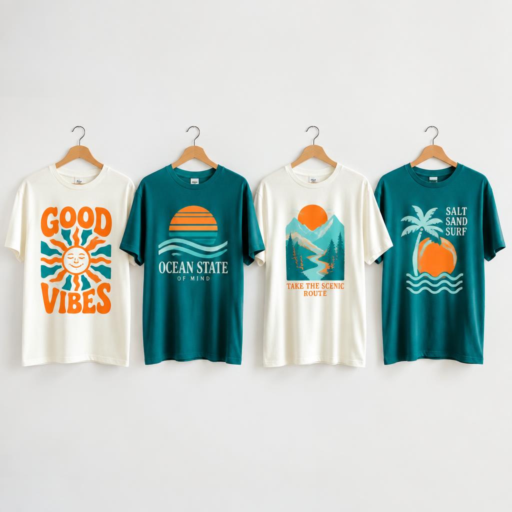 Camisetas DTF personalizadas en naranja y turquesa